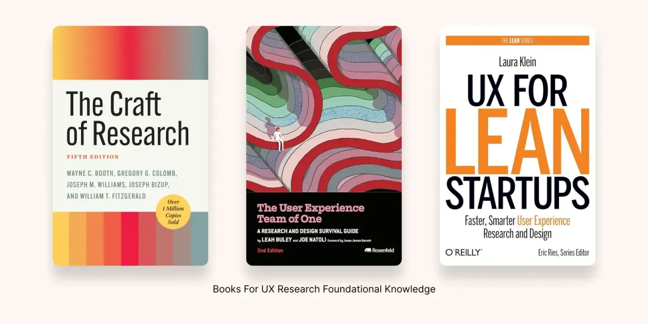 UX রিসার্চ শেখার ভালো বই: “The Craft of Research,” “The User Experience Team of One,” এবং “UX for Lean Startups.” Three books showcasing foundational knowledge in UX research: “The Craft of Research,” “The User Experience Team of One,” and “UX for Lean Startups.” এই ছবিটি জীবনের ভাবনার জগত